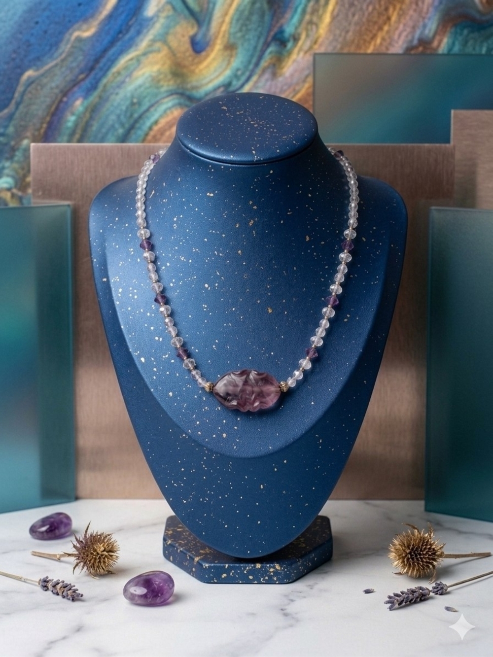 Handmade Amethyst and Clear Quartz Beaded Necklace - Purple